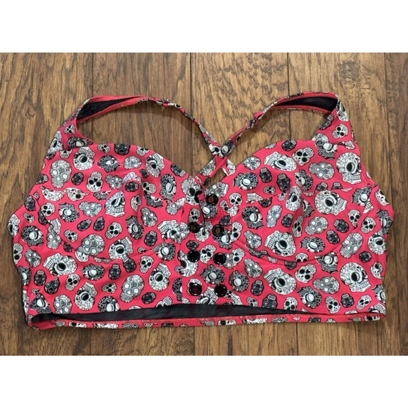 Torrid Pink Bikini Top Sugar Skulls Multi Color - String Missing- Women's Size 3 - Picture 1 of 7